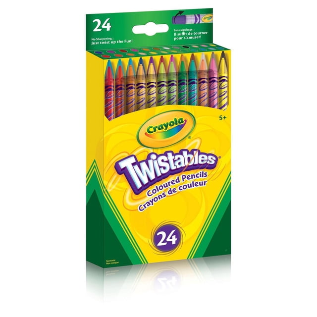 Crayola Twistables Coloured Pencils, 24 Count, in a yellow and green box with a clear plastic window displaying 24 twistable coloured pencils in assorted vibrant colours, designed for kids aged 5 and up, featuring no sharpening needed and twist-up colour leads, suitable for layering and blending in kids' art projects.