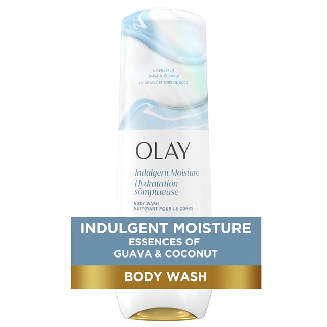 Olay Indulgent Moisture Body Wash infused with essences of guava and coconut, presented in a white bottle with blue wave accents and a gold flip-top cap, designed to hydrate and moisturize skin for a visibly glowing effect.