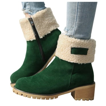 Pandaie Winter Boots for Women Mid Chunky Heel Snow Ankle Booties Comfortable Slip on Suede Warm Outdoor Shoes with Side Zipper Green 8