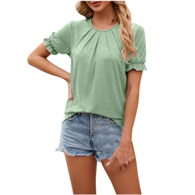 KIHOUT Nouveaux Hauts de Mode d'Été pour Femmes 2024, Mode pour Dames Décontractée Couleur Unie Manches Courtes Col Rond Blouses Chemises Vert G
