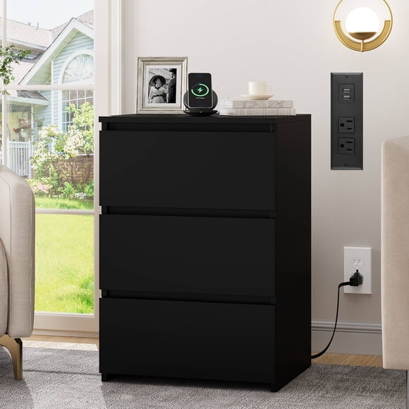 Homfa Table de Nuit à 3 Tiroirs avec Station de Recharge, Table d'Appoint avec Rangement pour Salon, Table de Nuit Noire pour Chambre
