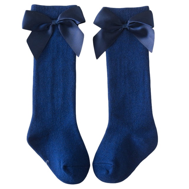 Little Girls Stockings Plain Color/Patchwork Side Bow-Knot Midi Tube Socks Breathable Elastic Knee-Length Socks