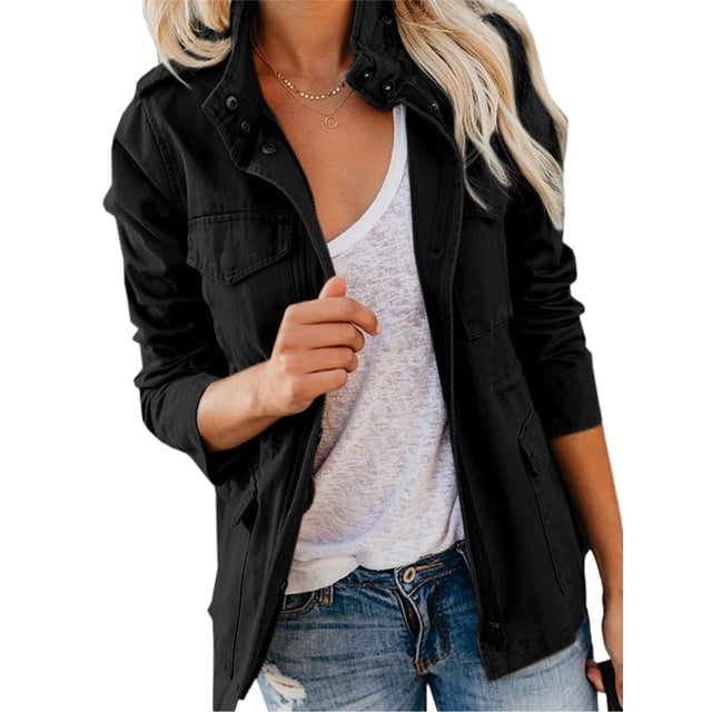 Innerwin Outwear Lapel Women Military Jacket Fall Solid Color Slim Fit Coat Black M