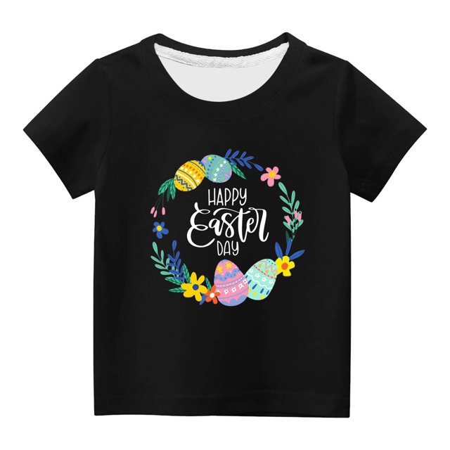 Penkiiy T-Shirts de Pâques pour Enfants Tout-Petits Garçons Filles Mode Pâques Mignon Fleur Oeufs de Pâques Imprimé Col Rond Imprimé Manche Courte Haut 9 Ans Noir