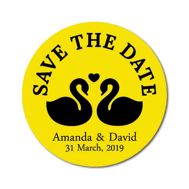 Darling Souvenir Round 45 Pcs Loving Swans Save The Date Stickers Personalized Bride Groom Names And Date Envelope Seals - Yellow