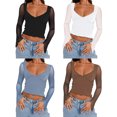 thumbnail image 4 of Fortune Women Mesh Long Sleeve Tops Deep V Neck Shirt Tee Basic Slim Fitted Crop Top, 4 of 5