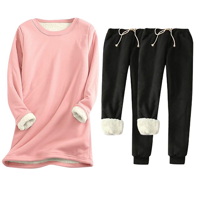 Pisexur Ensembles 3 Pcs pour Femmes Hiver Chaud en Molleton Couleur Unie Survêtements Ensembles 1 Chandail à Col Rond +2 Pantalons de Pyjama Décontractés Pyjamas Surdimensionnés pour Femmes Ensemble P-5TG