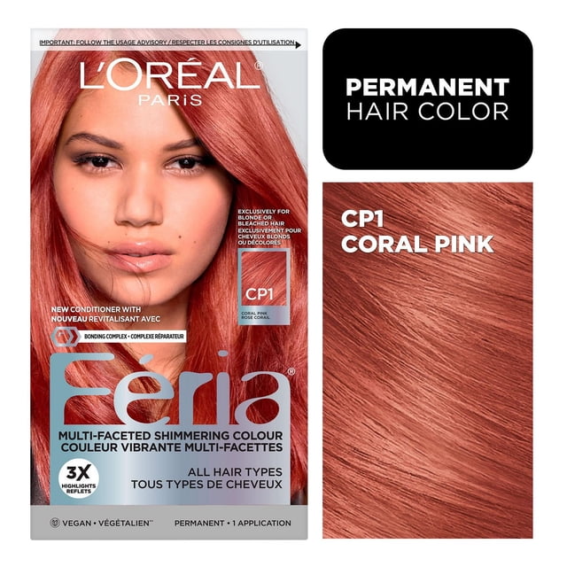 L'Oréal Paris Feria permanent hair dye in CP1 Coral Pink shade, featuring multi-faceted shimmering colour with 3X highlights and bonding complex conditioner, vegan formula suitable for all hair types, delivering vibrant, healthy-looking hair with one application.