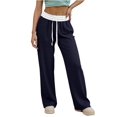 thumbnail image 2 of Women'S Contrast Color Waistband Sweatpants Wide Leg Pants with Drawstring Buckle Navy Blue M, 2 of 8