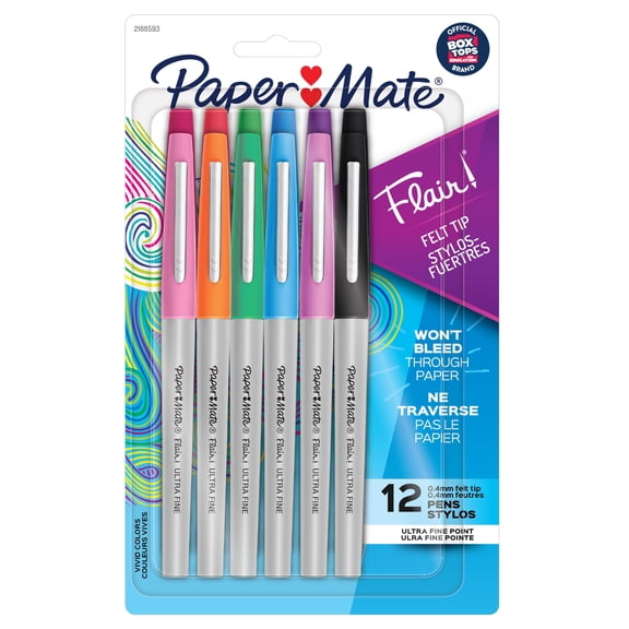 Stylos feutres Paper Mate Flair, pointe ultra-fine (0,4&nbsp;mm), couleurs assorties, 12&nbsp;unités