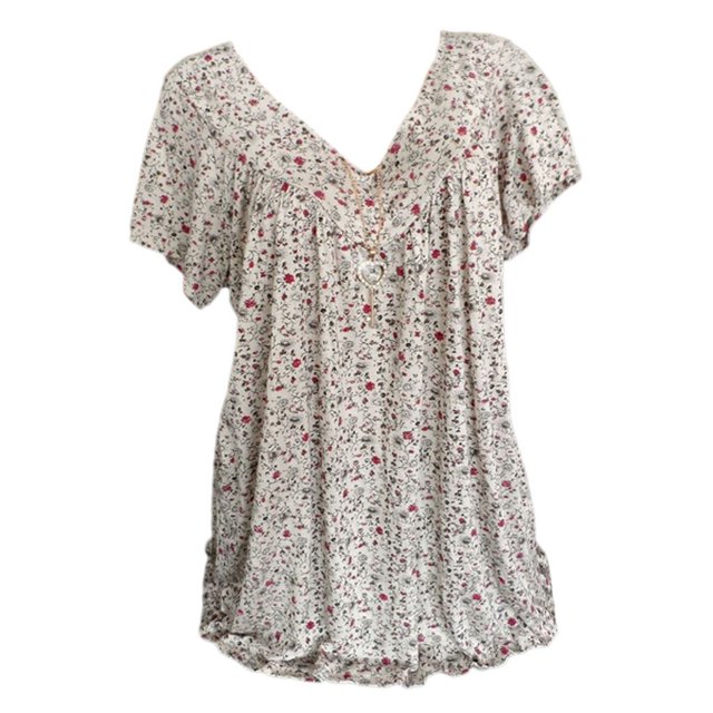 Leutsin Women Plus Size Short Sleeves V-Neck Print Blouse Pullover Tops Shirt