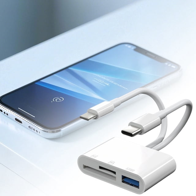 2 In 1 USB C OTG SD/ Reader Functional Memory Card Adapter for cameras, smartphones, and tablets. The image shows a compact, white card reader with USB-C connectivity and dual slots for SD and TF (MicroSD) cards. It is connected to a smartphone, demonstrating its plug-and-play functionality. Designed for portability, it supports OTG compatibility and works with Android, Windows, and macOS devices.
