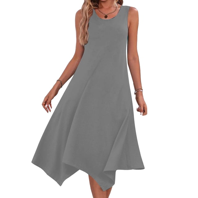 Gspmoly Summer Dresses for Women 2025, Womens Dresses Sleeveless Round Neck Drawstring Casual Ruffle A-Line Mini Dress Work Dresses for Women Summer Savings Clearance