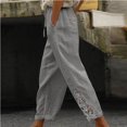 thumbnail image 2 of JUNWELL Women‘s Cotton Linen Lace Patchwork Design High Waist Drawstring Pocket Button Nine-Point Pants Long Pants Black 4, 2 of 9