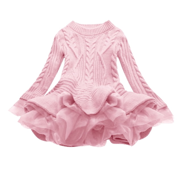 MeetoTime Girls Clothes 2-11 Years Solid Color Round Neck Long Sleeve Hem Mesh Sweater Dresses for Girl
