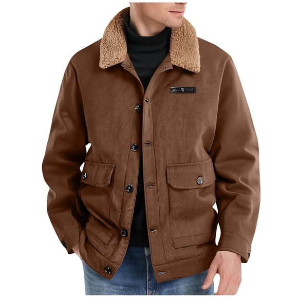 Men's Faux Suede Jacket Mens Lapel Button Down Blazer Athletic Stretch Long Sleeve Barn Jackets Comfort Casual Sweater Jacket Thermal Aviator Bomber Jacket with Pockets Trendy Coats