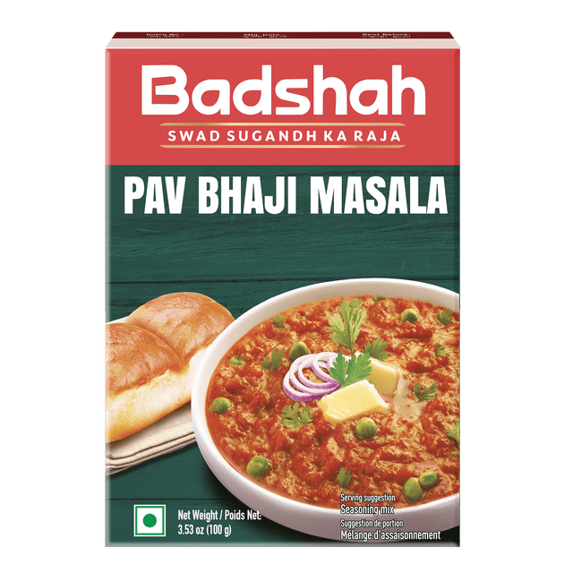 Pav Bhaji Masala seasoning mix by Badshah Masala in a red and dark green box featuring a bowl of spicy Indian vegetable curry garnished with butter, cilantro, and onion rings, served with two bread rolls, net weight 3.53 oz (100 g), suitable for enhancing traditional Indian street food with robust, balanced heat and a hint of sweetness.