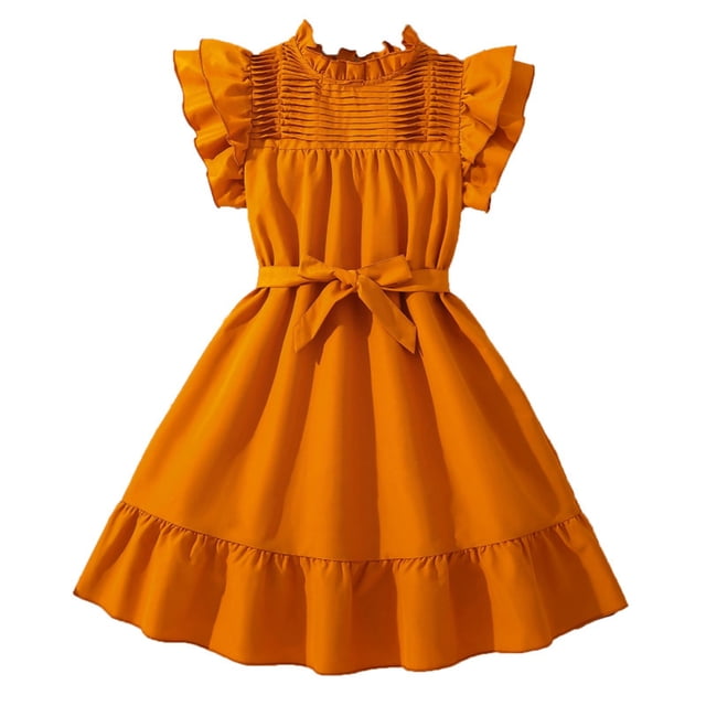 Coerni Girls Ruffle Fly Sleeve Princess Dress Solid Color Birthday Party Dress Square Neck High Waist Tutu Dresses