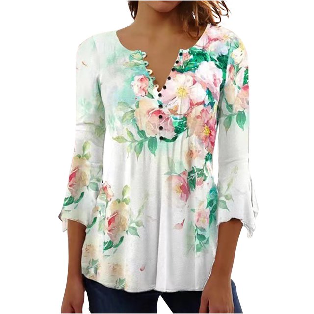 XZNGL 3/4 Sleeve Tops for Women Womens Casual Trumpet 3/4 Sleeve Printed Buttoned Basic Ruched Tops Pleated Blouses Women Blouses and Tops Fashion Womens Tops 3/4 Sleeve