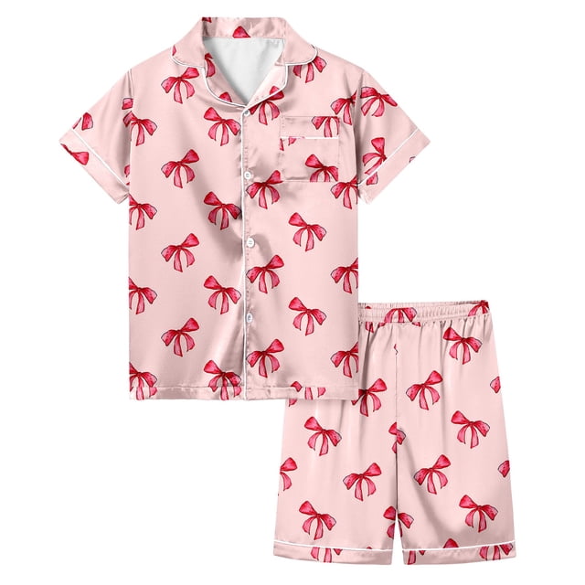 Ensemble de Pyjama en Satin pour Garçons Imprimé Manches Courtes à Boutons Hauts Unis Ensemble T-Shirt Ensemble de Pyjama Classique Pyjama pour Garçons Taille 8-9 Ans Mode Garçons Filles