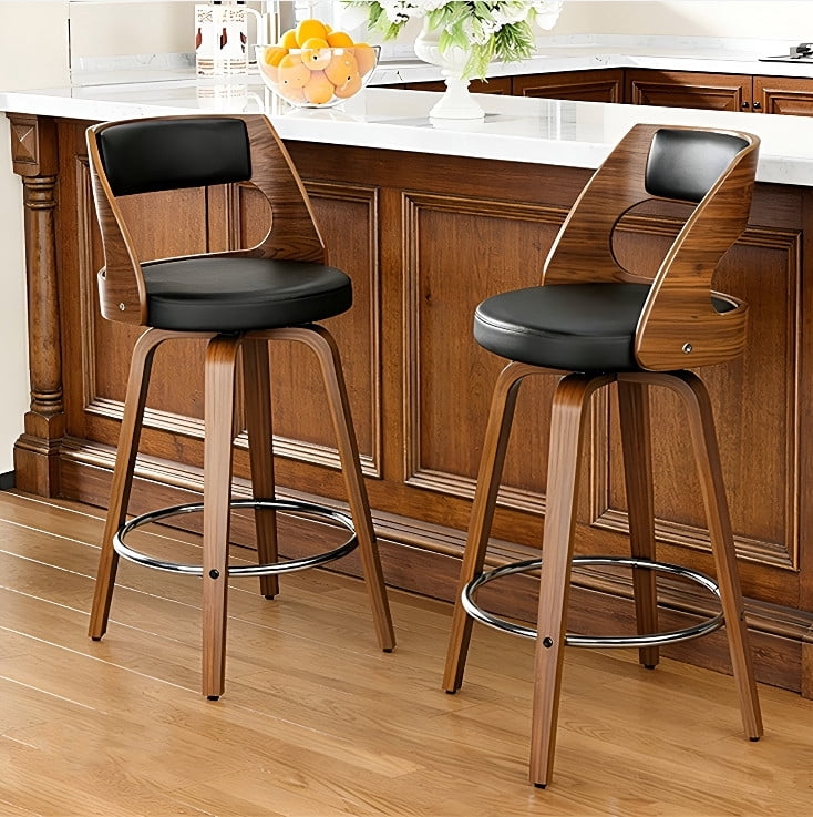 2 Pack Mid-Century Bar Stools, 26" Seat Height Swivel Wood Counter Stools, Kitchen Island Bar Chairs with PU Upholstered Seat, Backrest and Foot Ring