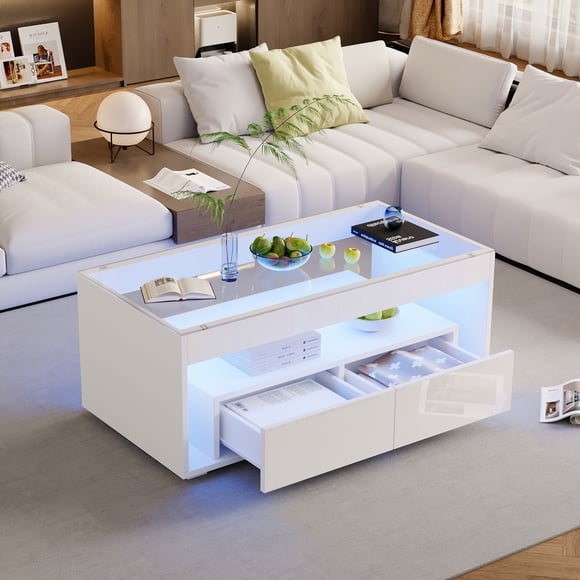 High Gloss Coffee Table with Open Storage, LED lights, Centre Table with glass tabletop, Sofa Side Table with 2 drawers, Coffee End Table with LED for Living Room, Office, 39.3*19.6*15.7'', White