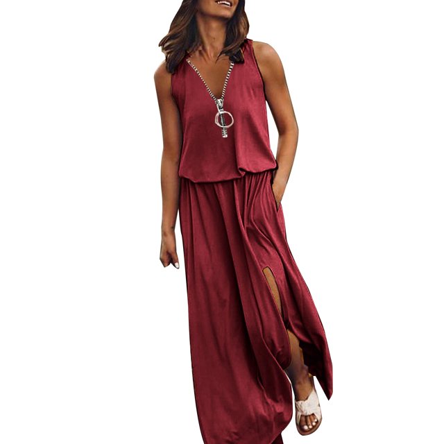 Ketyyh-chn99 Robes pour Femmes Robe Élégante pour Femme Robe de Soirée Robe Droite Unie pour Vacances Robe à Enfiler Robe de Plage Rouge,2TG