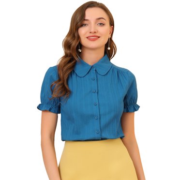 INSPIRE CHIC Hauts Vintage pour Femmes Col Peter Pan Chemisiers en Coton Boutonnés Sarcelle TP