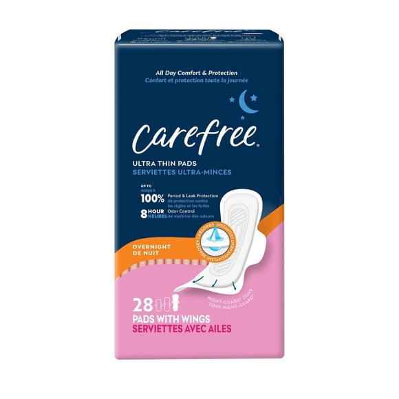 CAREFREEĀ® Ultra Thin Pads, Overnight With Wings, 28ct