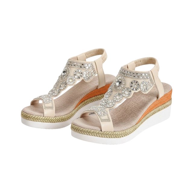 Women Fashion Platform Sandals Rhinestone Straps Lightweight Comfortable Roman Summer Beach Shoes PU Material Open Toe Adjustable Criss Cross Ankle Straps