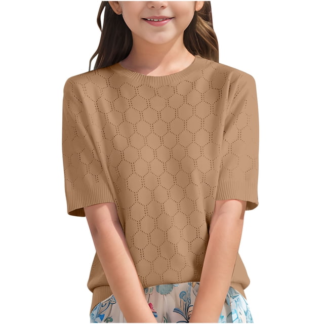 Posijego Chandails à Manches Courtes pour Filles pour Enfants, Col Rond, Tricot, Chandails à Enfiler, Chemises Décontractées Amples