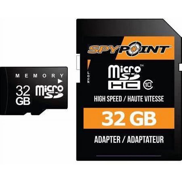 MICRO SD CARD 32GB by SPYPOINT, a microSDHC memory card with class 10 high-speed performance for reliable media storage in trail cameras and other devices. Includes an adapter for compatibility with SD card slots. Built to endure harsh outdoor conditions.