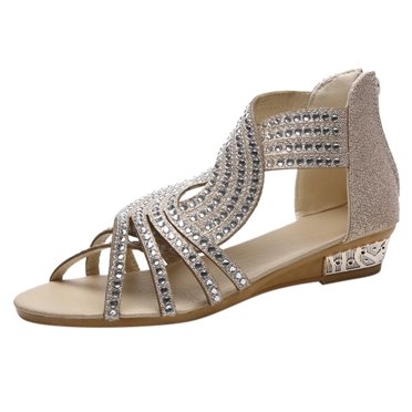 Pisexur Women's Rhinestones Platform Sandals Gladiator T-Strap Flat Sandals Fisherman Strappy Thongs Open Toe Back Zipper Beach Shoes