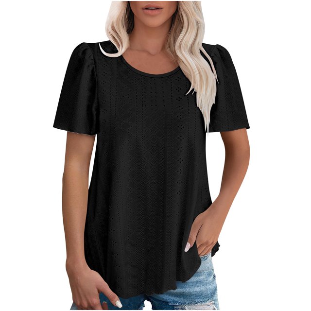 Timegard Hauts à Oeillets pour Femmes Col Rond Froncé Manches Courtes Ample Été Plage Décontracté Confortable Haut T-Shirt