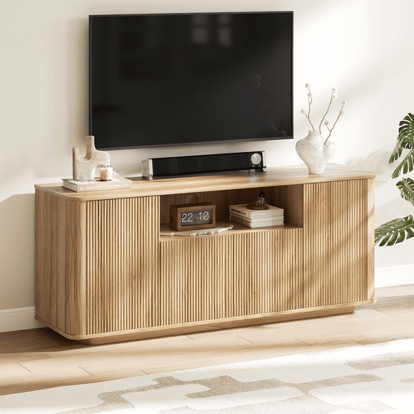 MARNUR Meuble Télé Cannelé pour Téléviseurs jusqu'à 65 Pouces, Console Multimédia Moderne de 55 Pouces avec Design Cannelé sur 3 Côtés, Portes à Pousser pour Ouvrir pour Salon, Chêne