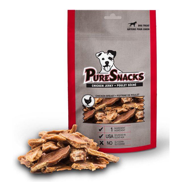 PureSnacks Gâteries pour Chiens au Jerky de Poulet dans un Sac Refermable Gris et Rouge avec un logo de Chien et un Texte Mettant en Valeur 100 % de Poitrine de Poulet d'Origine Américaine Sans Glycérine et un Ingrédient; des Morceaux de Jerky de Poulet Séchés Naturels Sont Empilés devant, Convenant aux Chiens Ayant Besoin d'Une Collation de Protéines pure et Digeste.