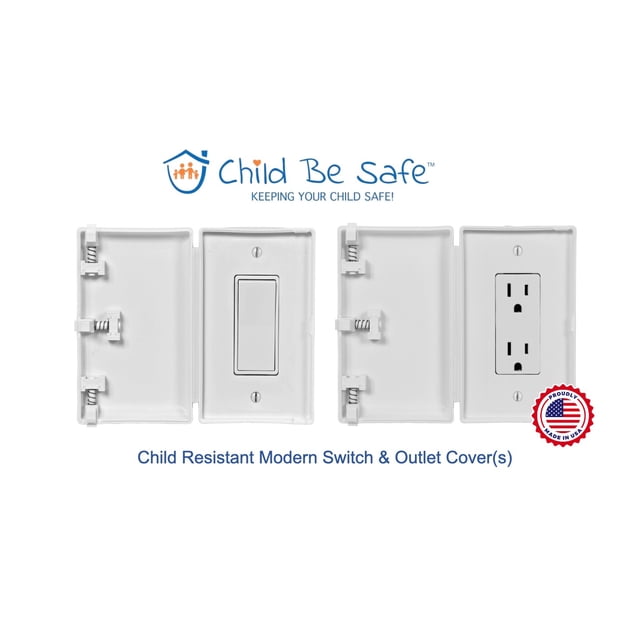 Child Be Safe (1-Pack) Child and Pet Proof Rocker Switch & Outlet Cover in white, featuring a slim, low-profile design that securely fits over wall outlets and switches to prevent access by children and pets. The cover is shown open, revealing a rocker switch and a standard outlet. Made in the USA, it mounts directly to the wall and requires only a flat-head screwdriver for installation. Ideal for homes, medical offices, and early childhood settings.