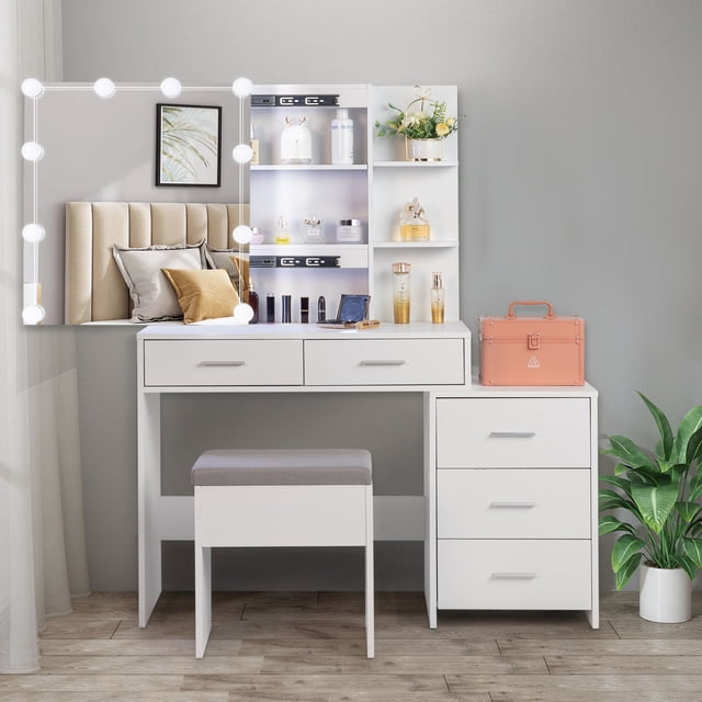Ktaxon Lighted Makeup Vanity Table Set, a white dressing table with sliding mirror featuring 10 adjustable LED bulbs in 3 light modes. Includes 5 drawers, 2 shelves, and hidden storage for cosmetics and accessories. Comes with a cushioned stool, ideal for bedroom use.