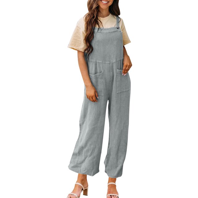 cfhntfmh Overalls for Women with Pockets Sleeveless Adjustable Strap Jumpsuit Loose Wide Leg Long Pants Rompers