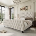 thumbnail image 1 of PIONEERWORKS 51" Tall Queen Size Bed Frame with Deep Button Tufted Wingback Headboard and Footboard, Velvet Upholstered Platform Bed Frame, Cream, 1 of 8