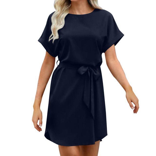 Offre à Durée Limitée Iumwxz Robe à Col Rond à Manches Courtes pour Femme Tunique à Ourlet Arrondi Robe Formelle avec Ceinture Robes Unies Longues Robes pour Femmes Robe Douce et Confortable pour Fête d'Anniversaire