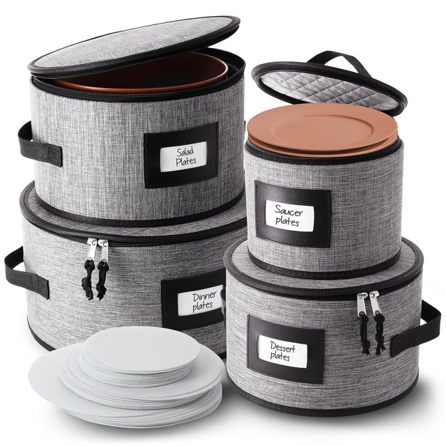 StorageBud 4pc Set China Plate Storage Set in grey, featuring hard shell, stackable containers with padded interiors and soft felt dividers. Includes four labeled containers for salad plates, saucer plates, dinner plates, and dessert plates, each with dual zippers, sturdy handles, and leather labeling slots. Designed to fit plates for up to 12 people, with sizes for 7, 8.5, 10, and 12-inch plates. The set ensures secure storage and protection against dust, chips, and breakage, ideal for safe transport and organized storage.