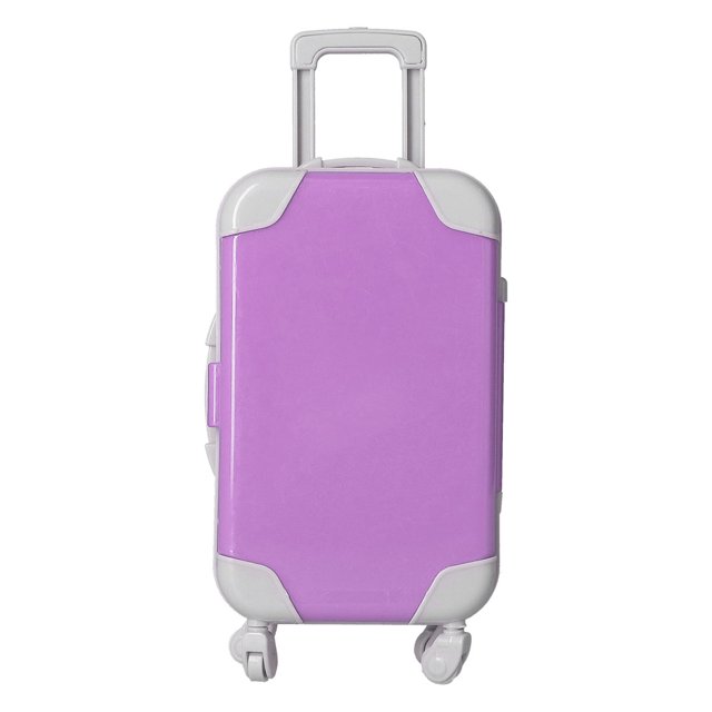 ESTINK Doll Luggage Case, a purple and white doll suitcase designed for 18-inch girl dolls. Made of durable PU material, it features a simulated appearance with rolling wheels and a retractable handle. Ideal for doll accessories, role-playing games, and cultivating creativity in children.