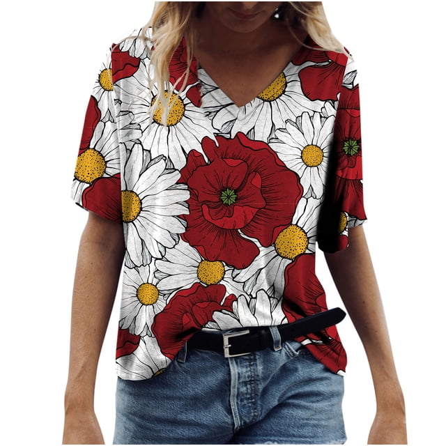 CEHVOM T-shirt Décontracté pour Femmes à Imprimé Floral, Col en V, Manches Courtes, Chandail, Blouse, Hauts