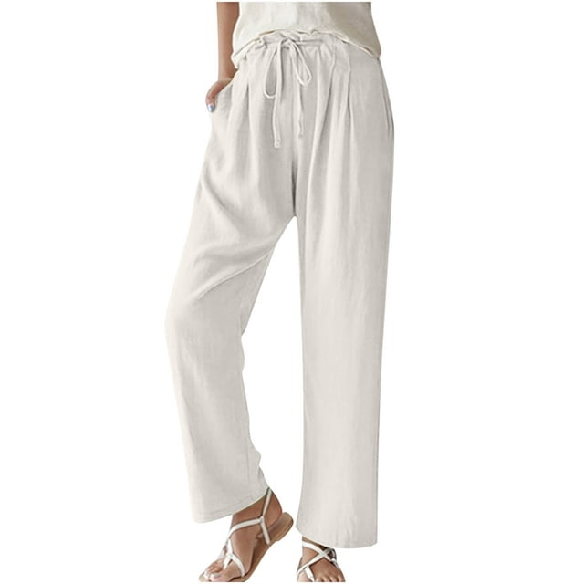 Womens Casual Linen Pants Straight Leg Drawstring Elastic High Waist Loose Comfy Trousers with Pockets