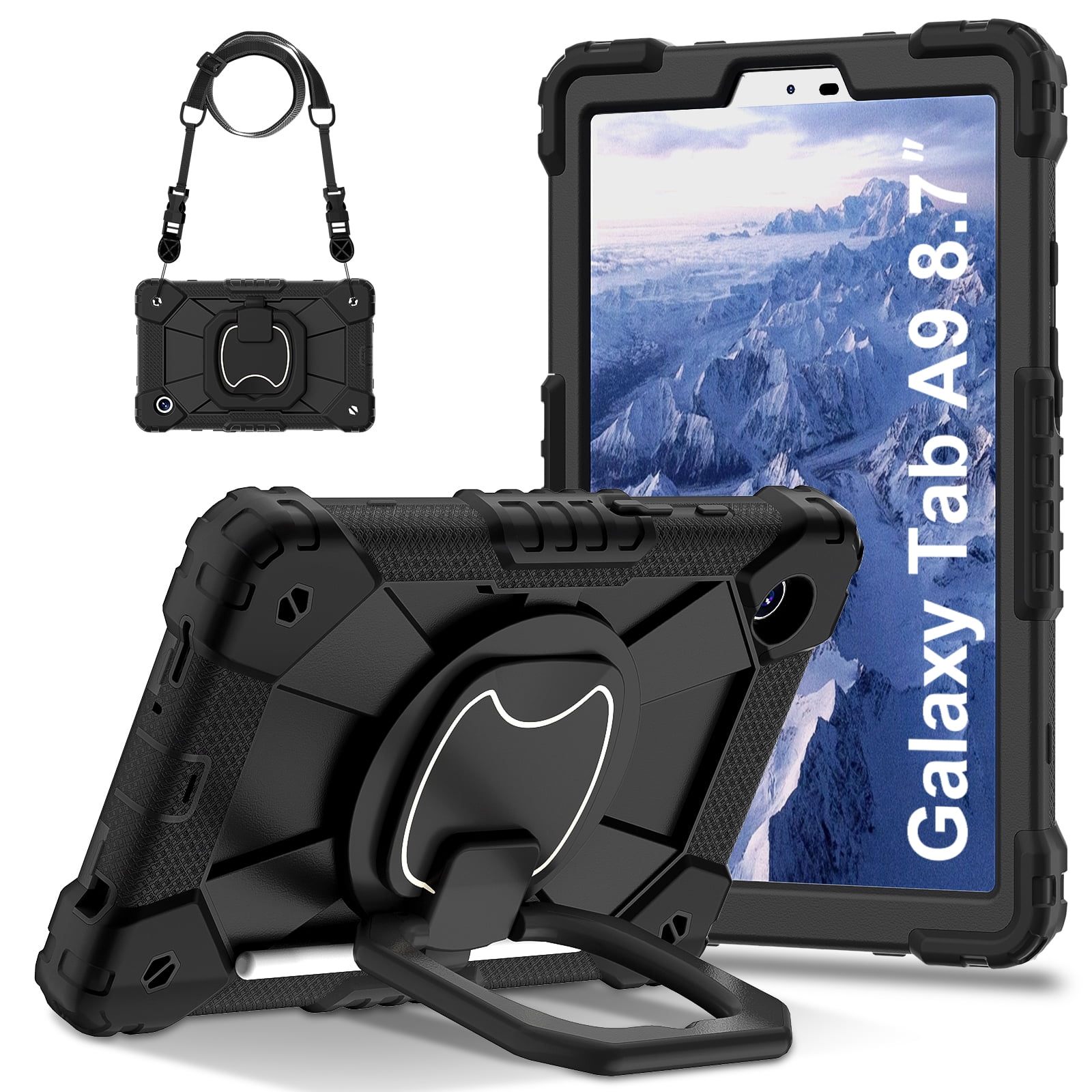 Hard Tablet Case for Samsung Galaxy Tab A9 (SM-X110) 8.7" 2023 Release, Heavy-duty Rugged Case with Kickstand /Pen Loop, Portable Shockproof Sturdy Cover with Shoulder Strap /Handle, Black