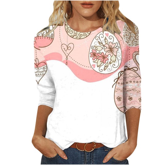 Chemisier pour Femmes T-shirt à Col Rond Imprimé de Pâques pour Femmes à Manches 3/4 Haut Ample