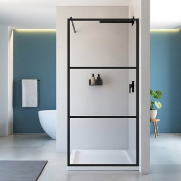 48" x 35" Black Framed Walk‑In Shower Panel – Modular Design with 6 mm Clear Tempered Glass & Adjustable Support Bracket