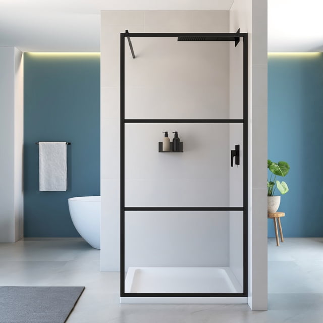 48" x 35" Black Framed Walk‑In Shower Panel – Modular Design with 6 mm Clear Tempered Glass & Adjustable Support Bracket