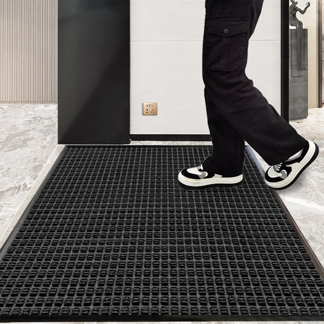 Polypropylene Rubber Door Mat, Solid Black Non Slip Entryway Rug with Tough Loop Fiber, Dirt and Mud Scraper, Waterproof Indoor Outdoor Front Door Doormat